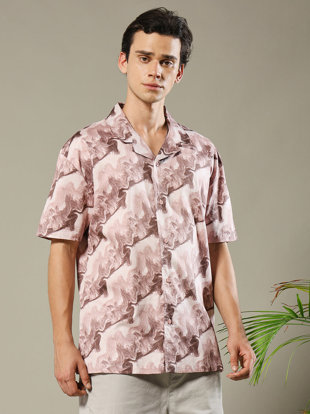 Mens Cuban Collar Printed Casual Shirt