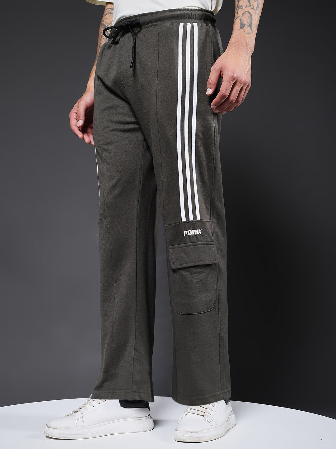 Men Premium Terry Cargo Pants with Side Stripes - Olive Green