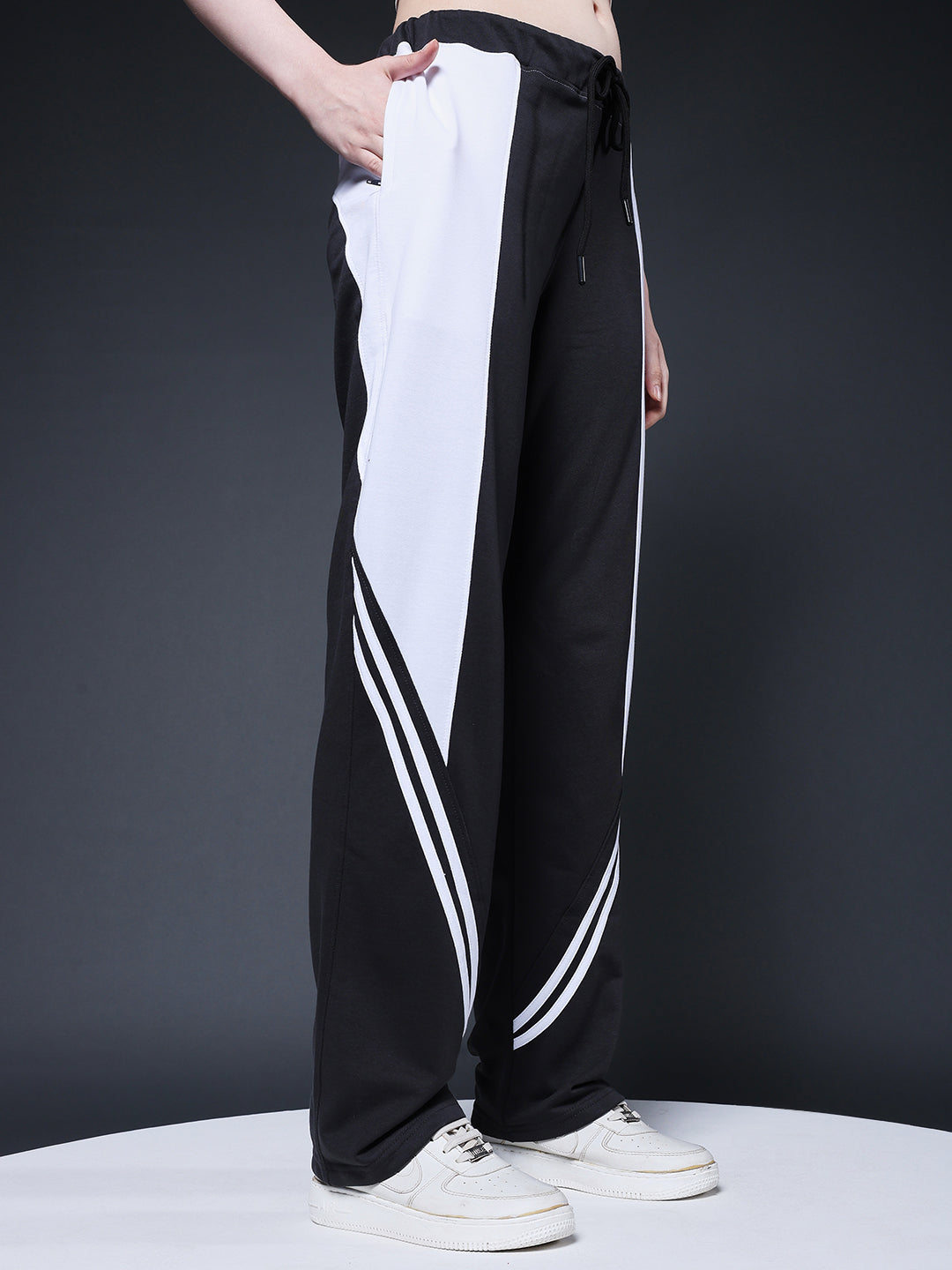 Women Colorblock Premium Terry Jogger with Side Stripes - Dark Grey