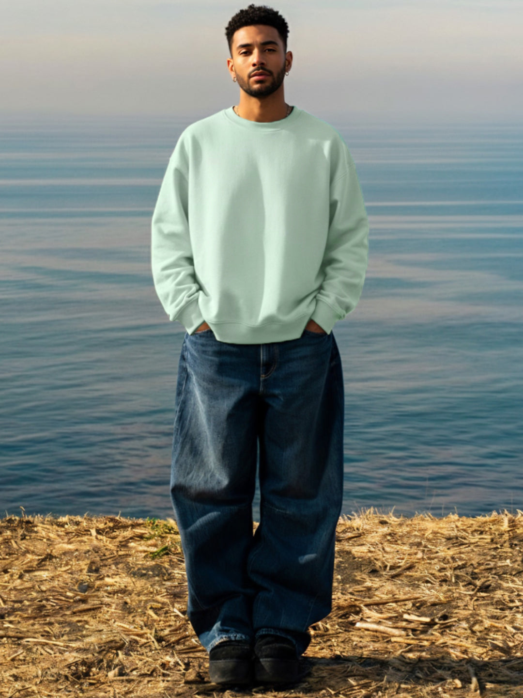 Solid Men Drop Shoulder Premium Terry Sweatshirt - Mint Green