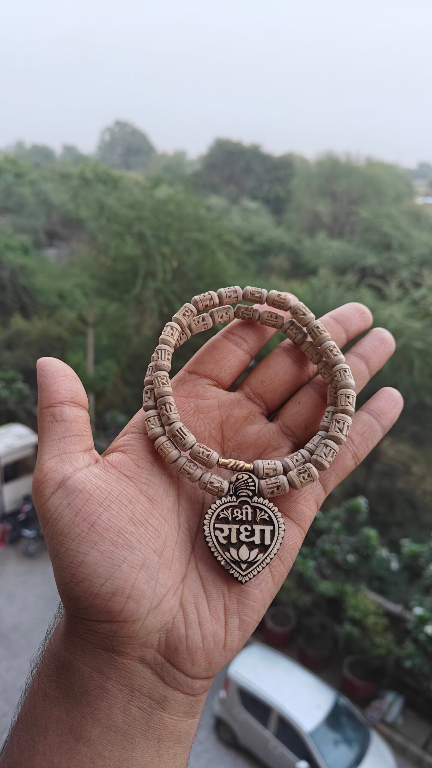 Shree radha heart shaped tulsi locket mala with handcrafted radha beads - Image 1