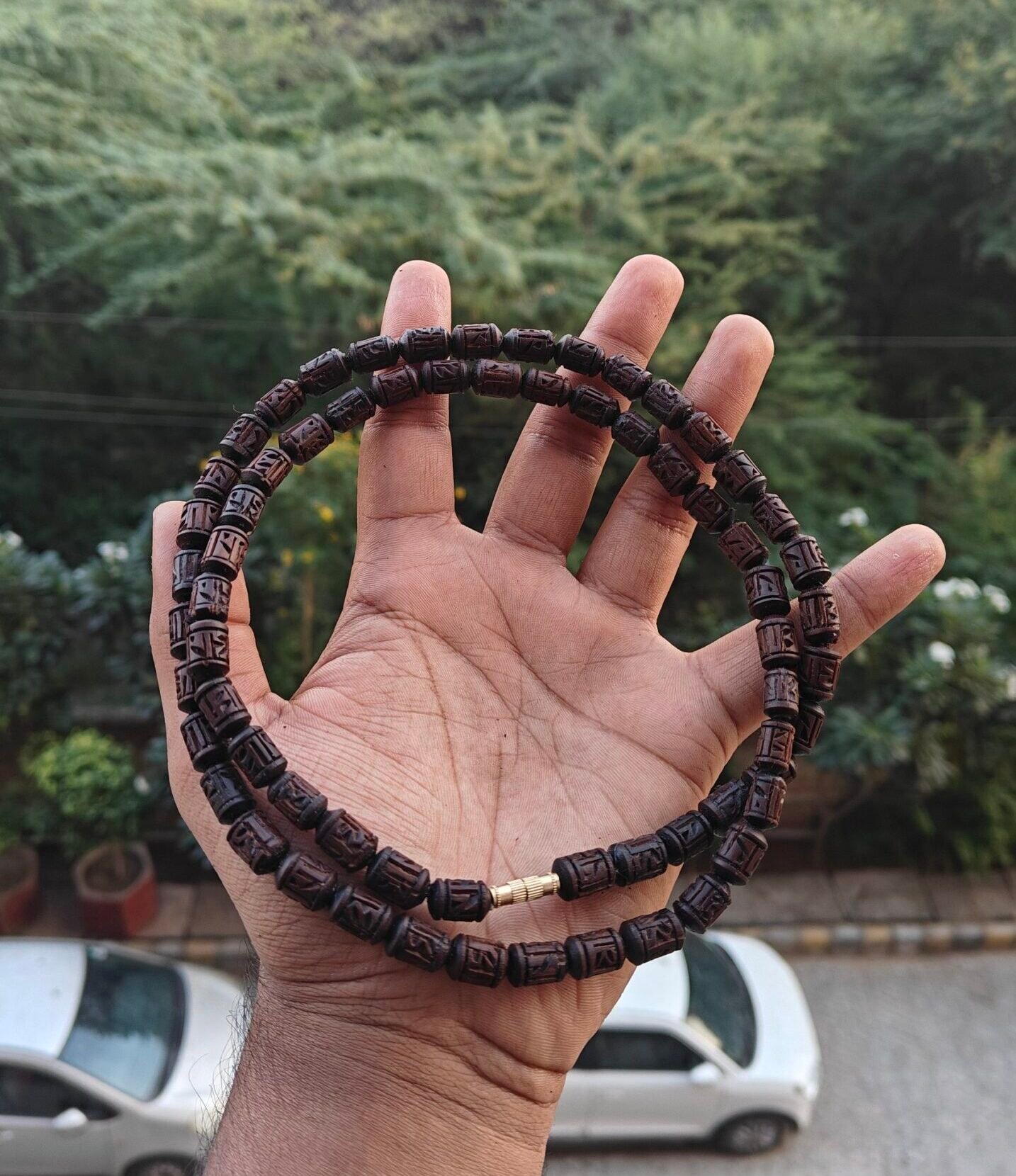 Dark brown Handcrafted Radha name beads tulsi kanthi mala 2 round - Image 1