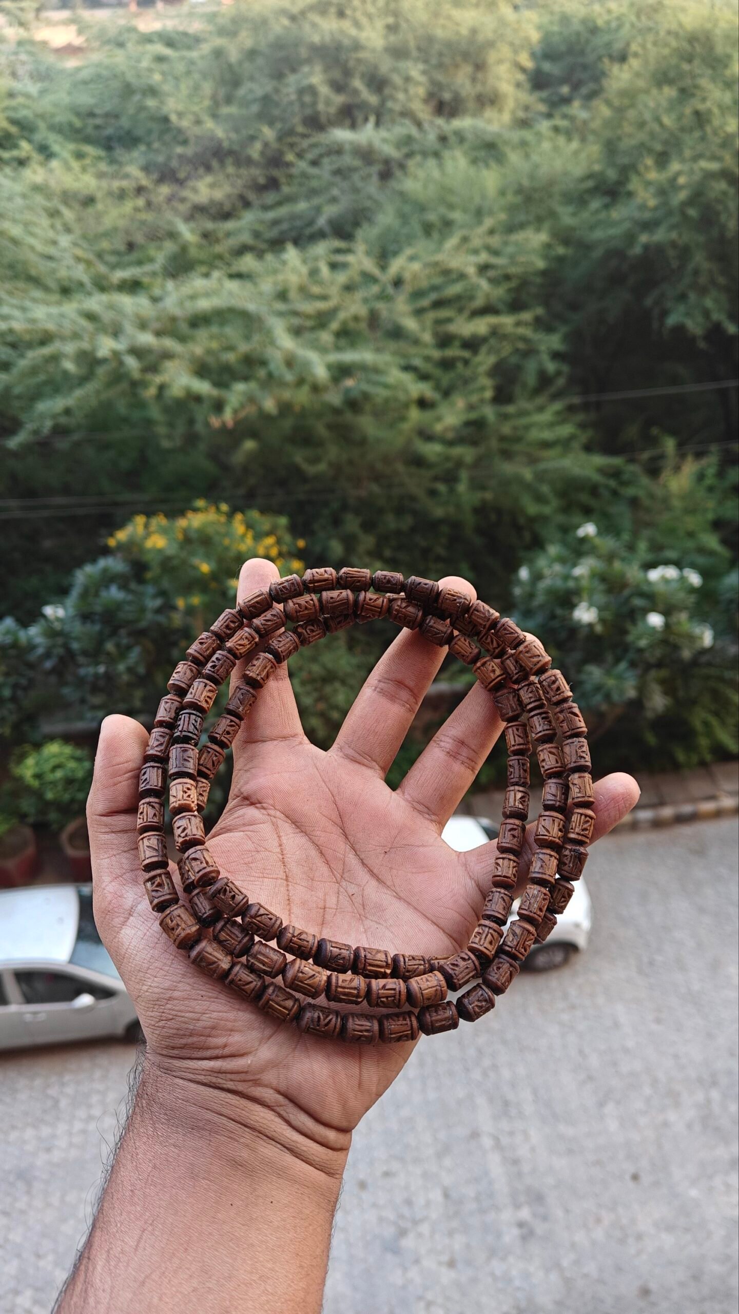 Light brown Handcrafted Radha name beads tulsi kanthi mala 3 round - Image 2