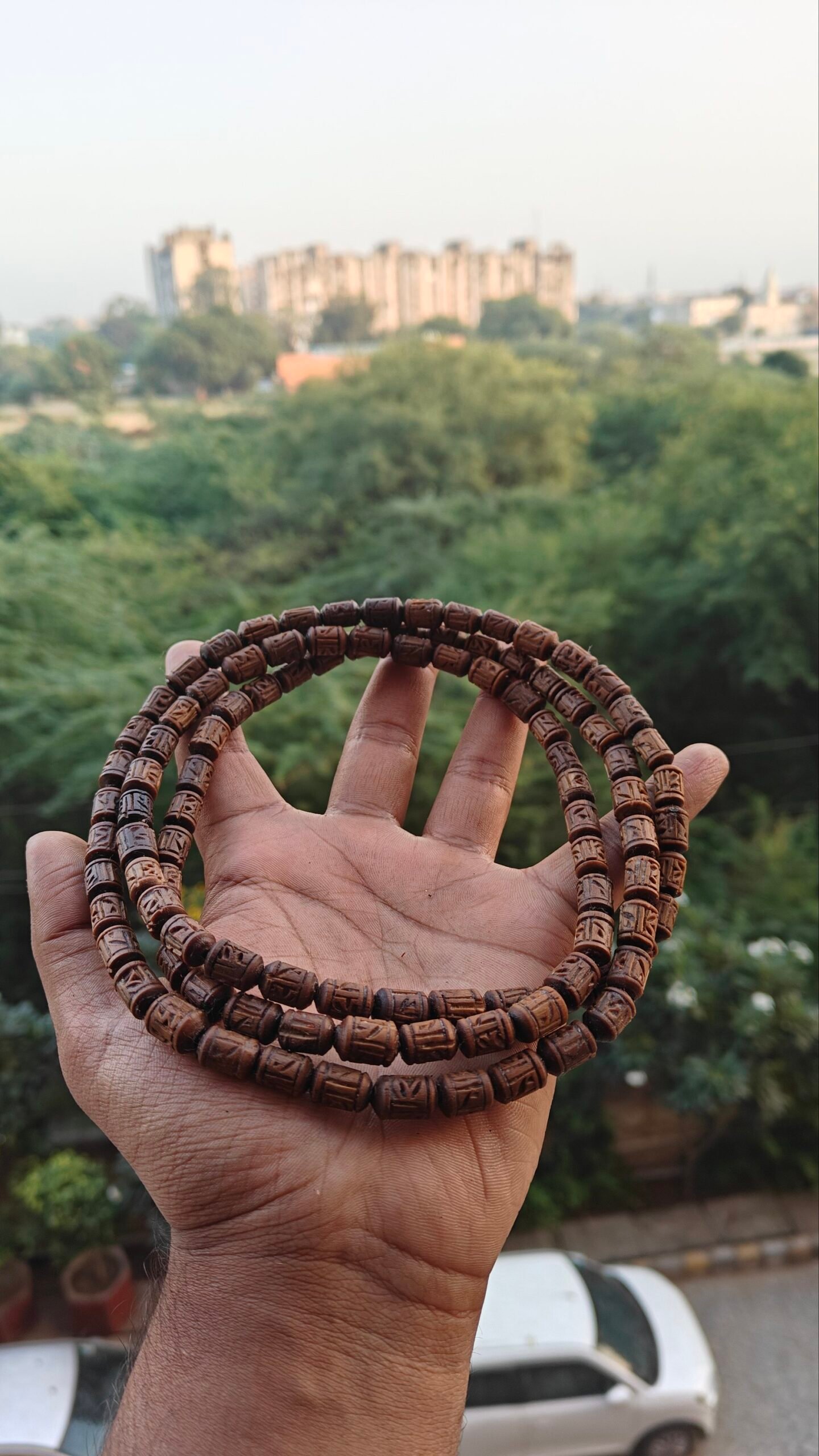 Light brown Handcrafted Radha name beads tulsi kanthi mala 3 round - Image 1