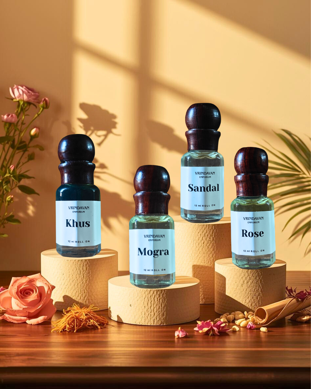 Premium Summer Attar Combo – Sandal, Rose, Khus & Mogra | Alcohol Free Seva Attars - Image 1