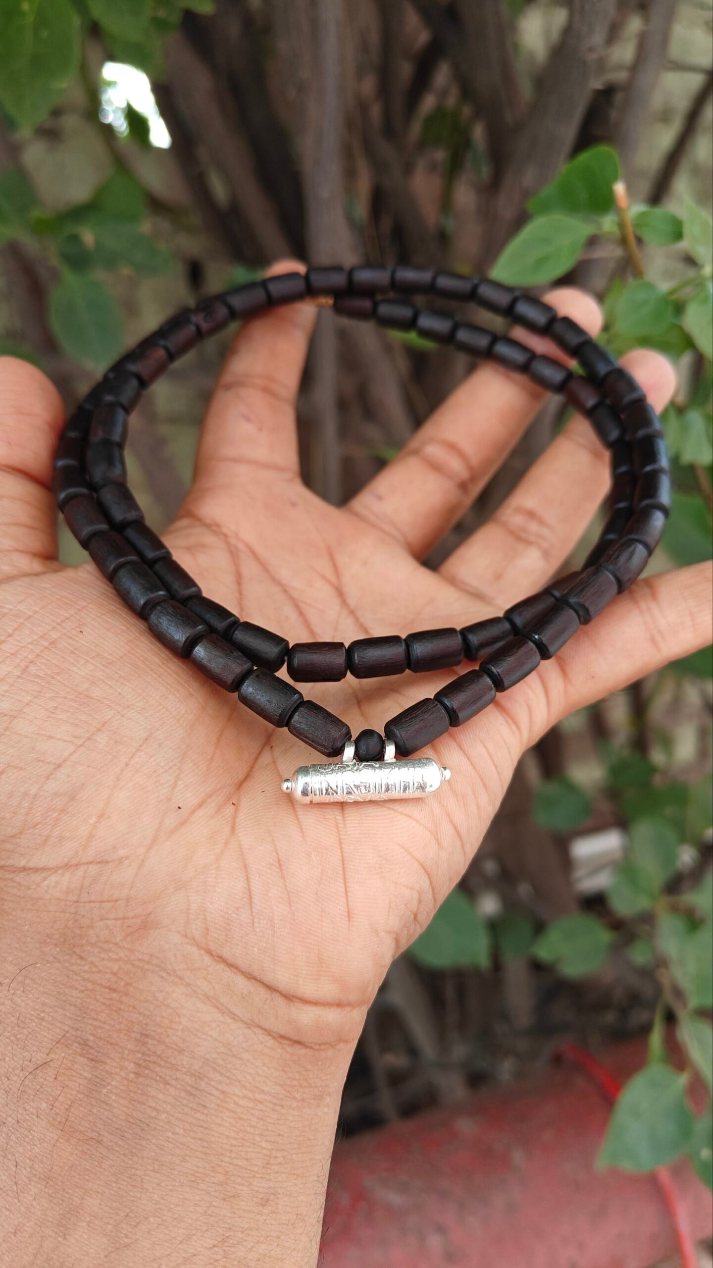Silver Kavach with Black Long Beads Tulsi Mala 2 round - Image 2