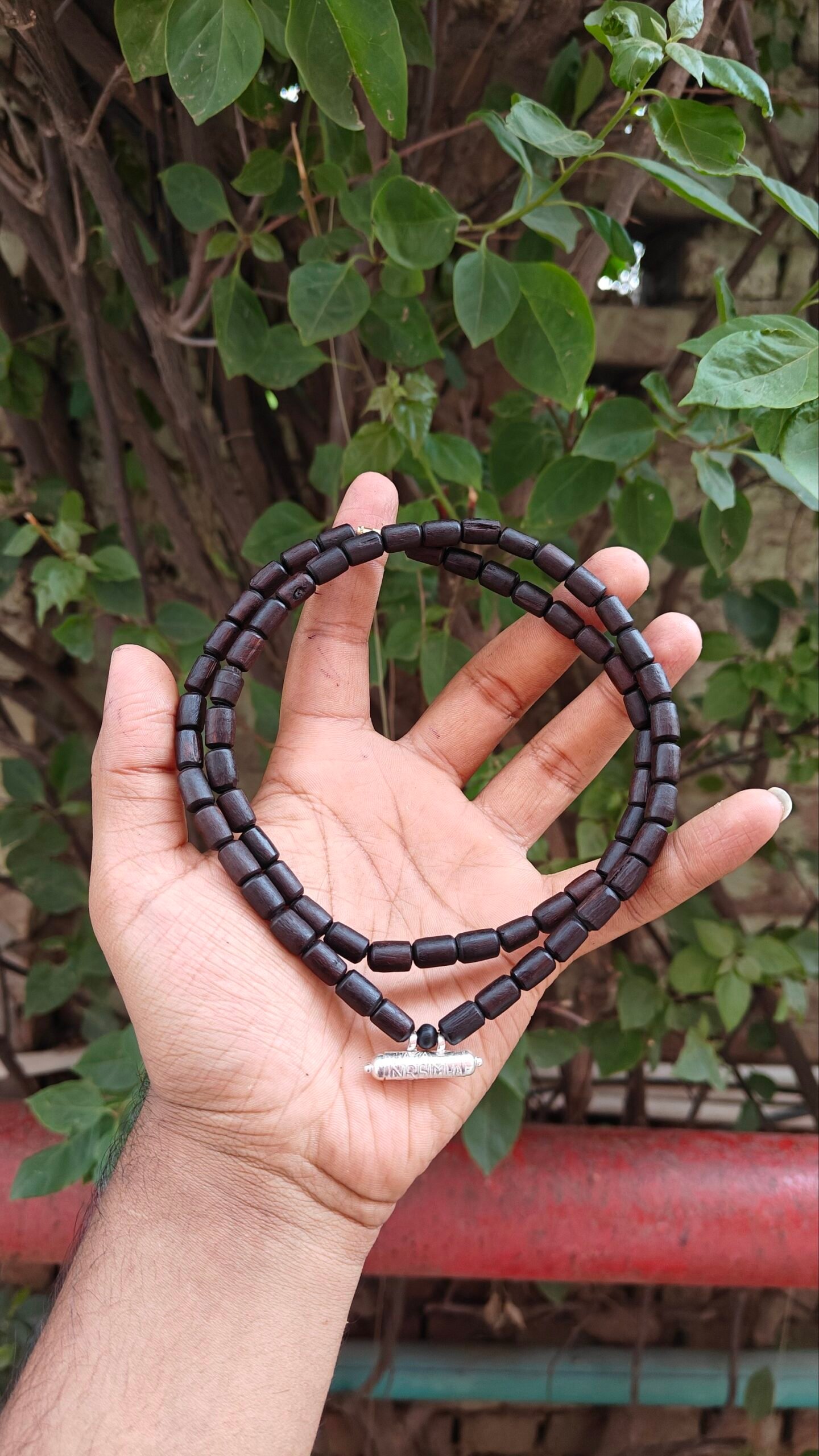 Silver Kavach with Black Long Beads Tulsi Mala 2 round - Image 1