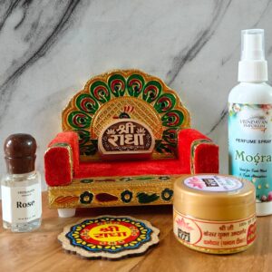 Naam Seva Combo Pack | Attar, Fragrance Spray, Singhasan with Shree Radha Kadamb Naam Seva & FREE Shri Radha MDF Sticker