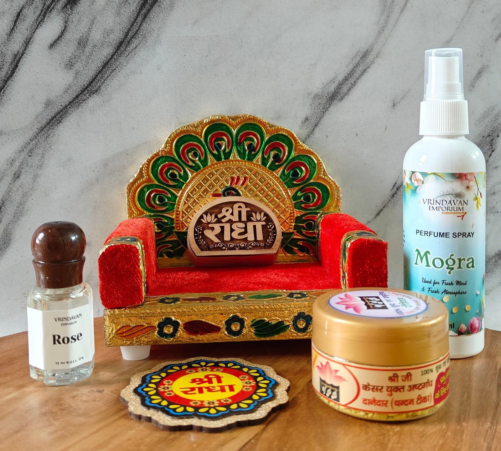 Naam Seva Combo Pack | Attar, Fragrance Spray, Singhasan with Shree Radha Kadamb Naam Seva & FREE Shri Radha MDF Sticker - Image 1