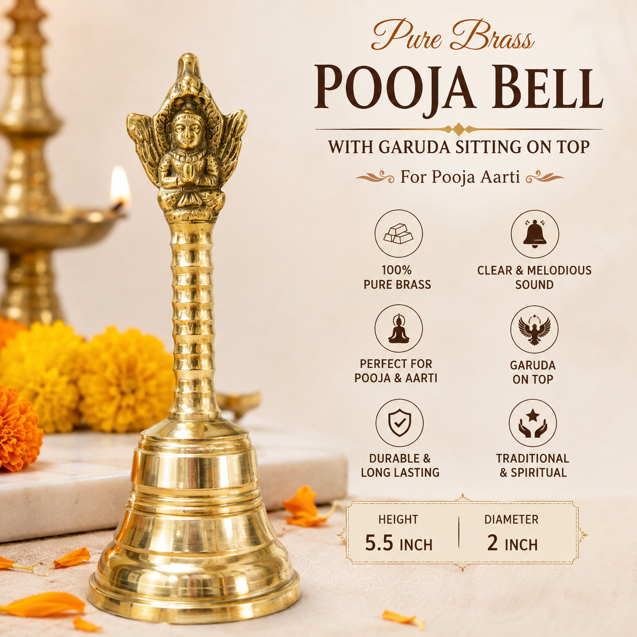 Pure Brass Pooja Bell with Garuda | Hindu Temple Bell for Pooja & Aarti (5.5 inch height) - Image 2