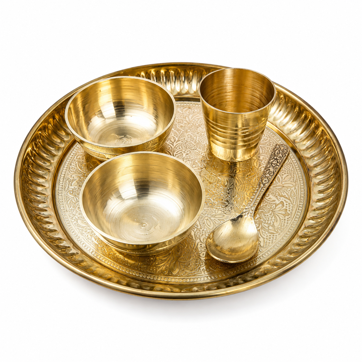 Small Pooja Bhog Thali Set | 6 Inch Pure Brass Pooja Thali with 2 Bowls, Glass & Spoon | - Image 3