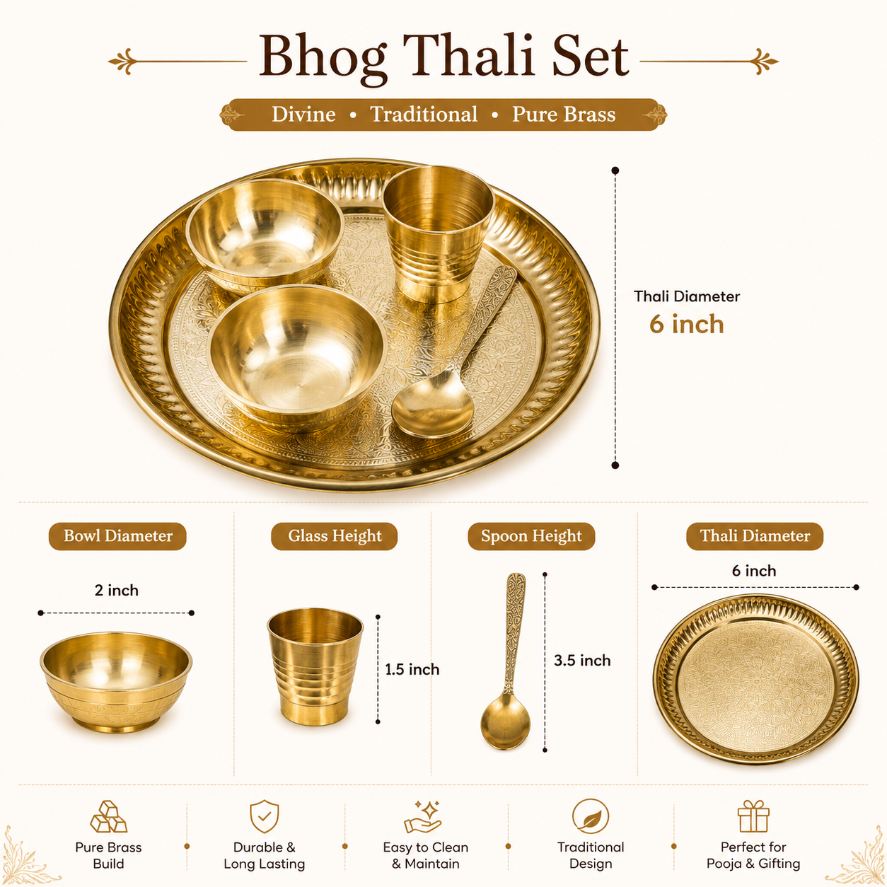 Small Pooja Bhog Thali Set | 6 Inch Pure Brass Pooja Thali with 2 Bowls, Glass & Spoon | - Image 2
