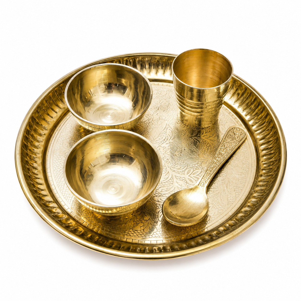 Large Pooja Bhog Thali Set | 7 Inch Brass Thali with 2 Bowls, Glass & Spoon