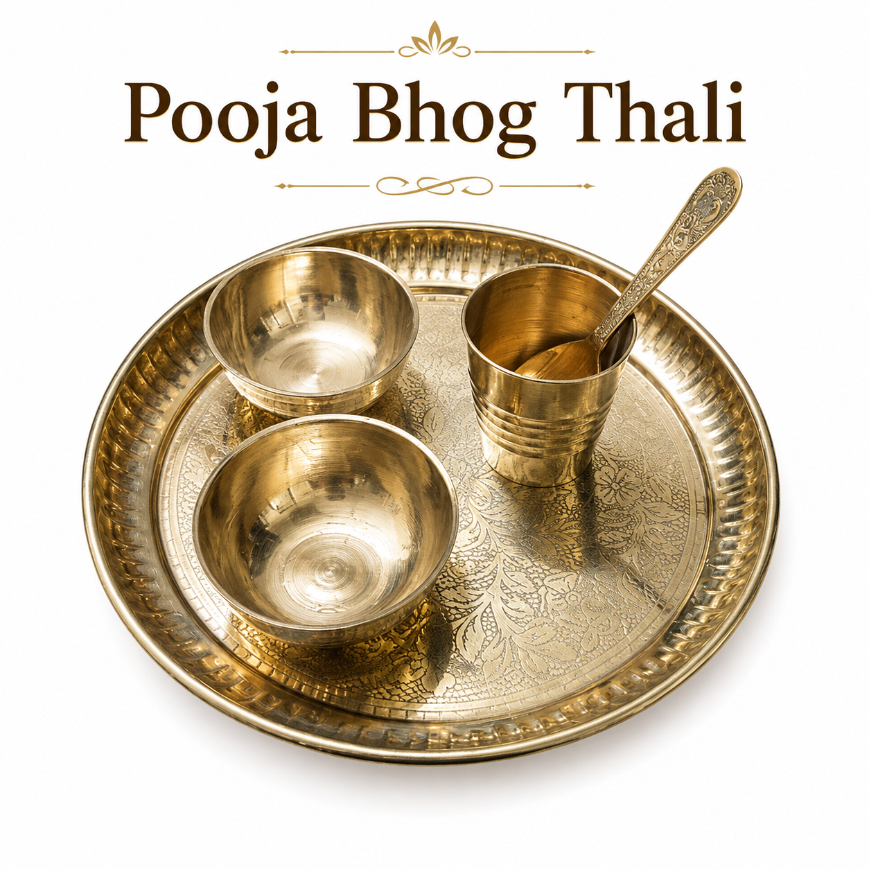 Large Pooja Bhog Thali Set | 7 Inch Brass Thali with 2 Bowls, Glass & Spoon - Image 3