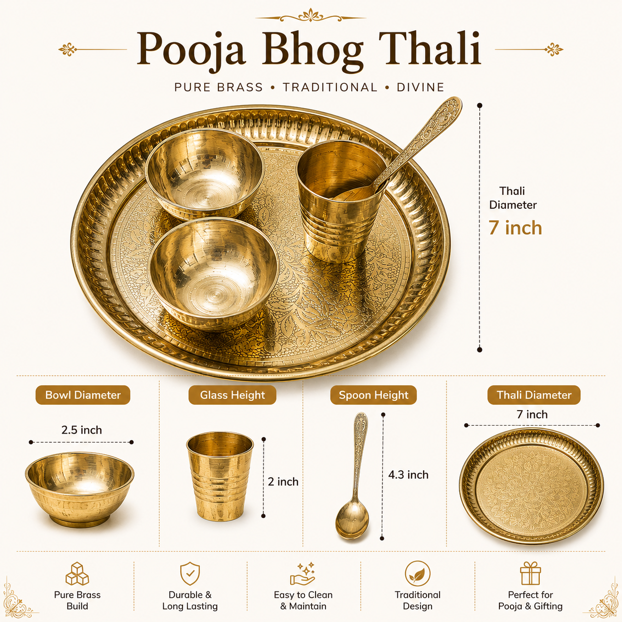 Large Pooja Bhog Thali Set | 7 Inch Brass Thali with 2 Bowls, Glass & Spoon - Image 2