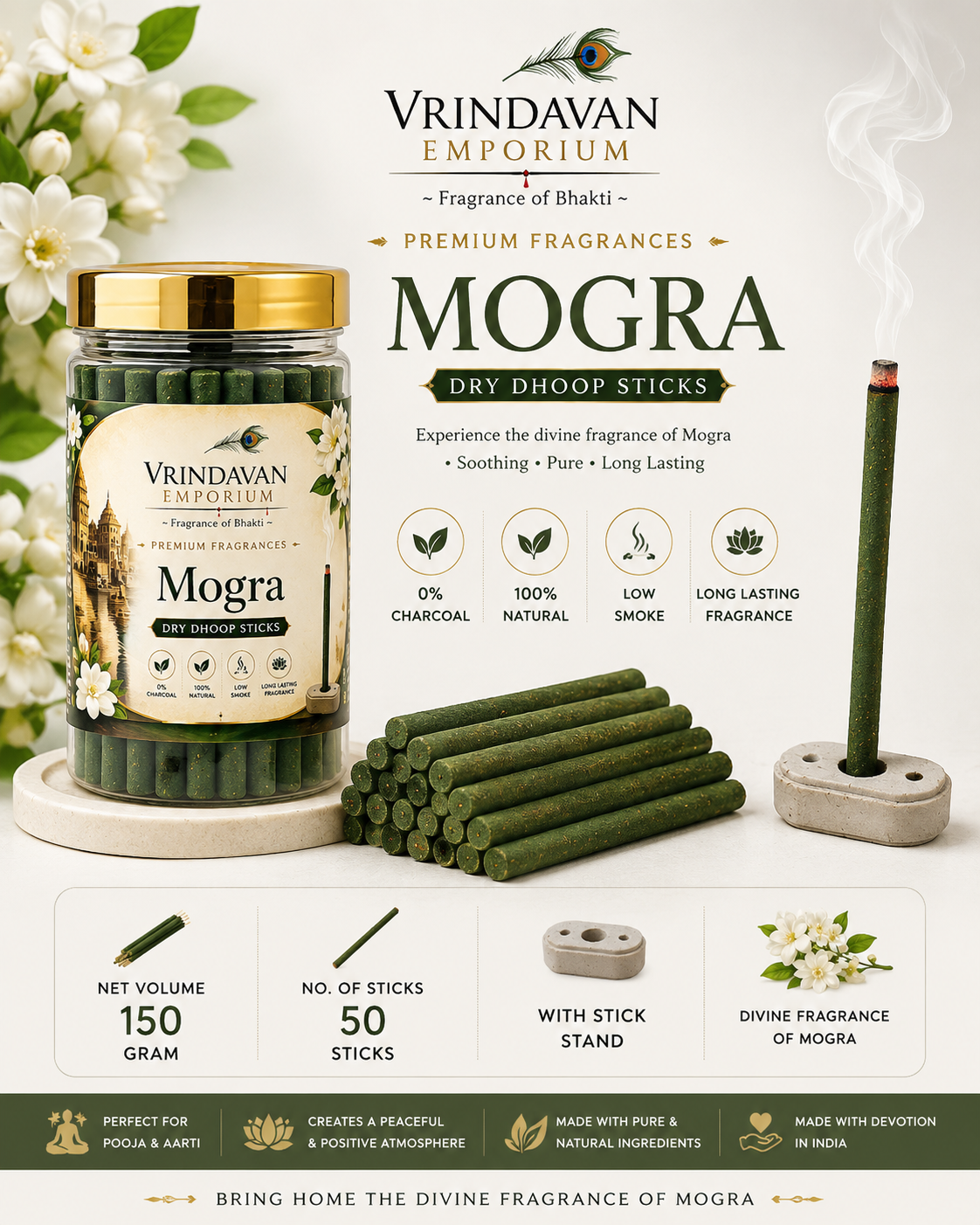 Mogra Dry Dhoop Sticks | Premium 100% Natural Incense for Pooja & Meditation | 150g - Image 2